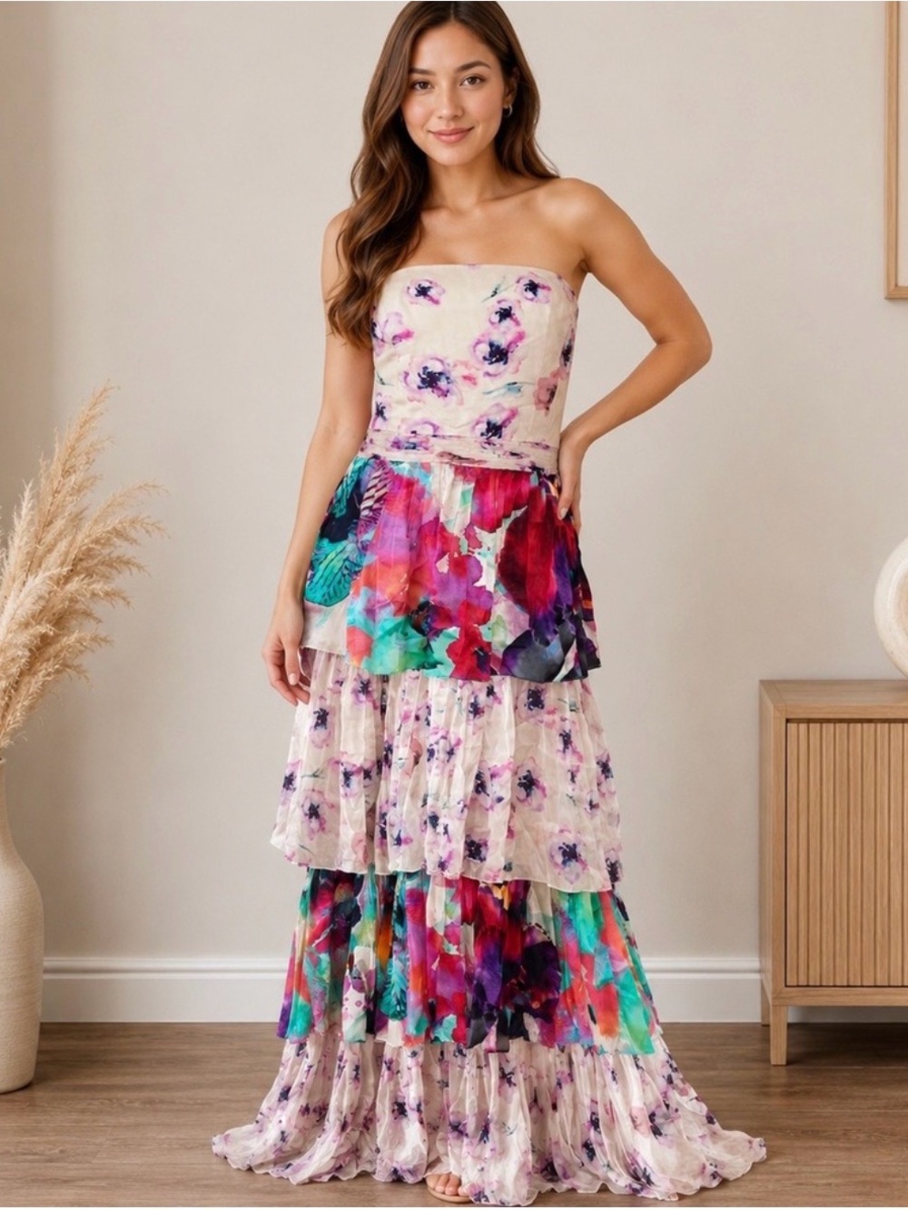 Anthropologie Strapless Floral Tiered Maxi Dress - Cream with Multicolor Accents